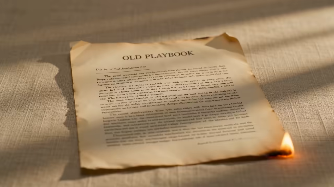 A page titled Old Playbook catching fire on a linen table